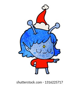 hand drawn textured cartoon of a alien girl wearing santa hat