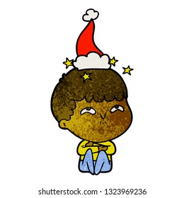 hand drawn textured cartoon of a amazed boy wearing santa hat