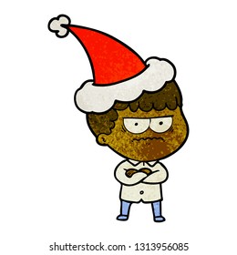 hand drawn textured cartoon of an annoyed man wearing santa hat