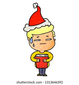 hand drawn textured cartoon of a anxious boy carrying book wearing santa hat