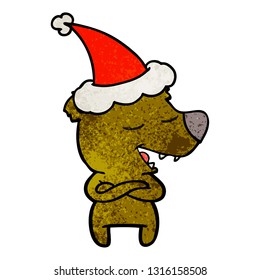 hand drawn textured cartoon of a bear wearing santa hat