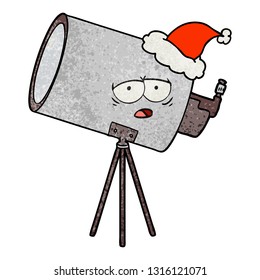hand drawn textured cartoon of a bored telescope with face wearing santa hat
