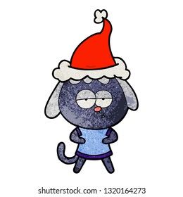 hand drawn textured cartoon of a bored dog wearing santa hat