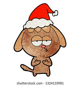 hand drawn textured cartoon of a bored dog wearing santa hat