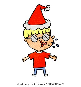 hand drawn textured cartoon of a boy wearing spectacles wearing santa hat
