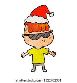 hand drawn textured cartoon of a boy wearing sunglasses wearing santa hat