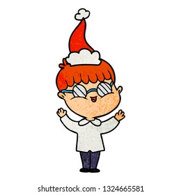 hand drawn textured cartoon of a boy wearing spectacles wearing santa hat