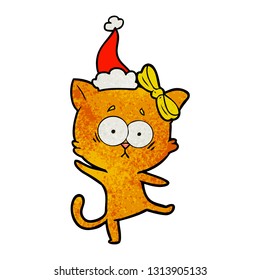 hand drawn textured cartoon of a cat wearing santa hat