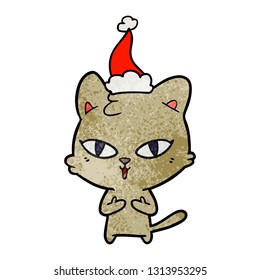 hand drawn textured cartoon of a cat wearing santa hat