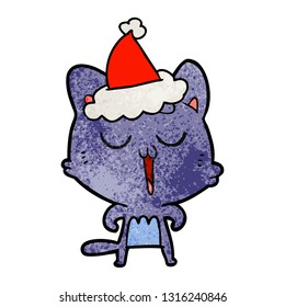 hand drawn textured cartoon of a cat singing wearing santa hat