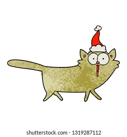 hand drawn textured cartoon of a cat wearing santa hat