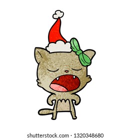 dibujo a mano de una imagen de un gato maullando con sombrero santa