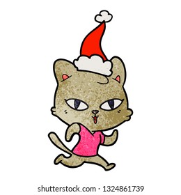 hand drawn textured cartoon of a cat out for a run wearing santa hat