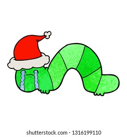 hand drawn textured cartoon of a caterpillar obsessing over his regrets wearing santa hat