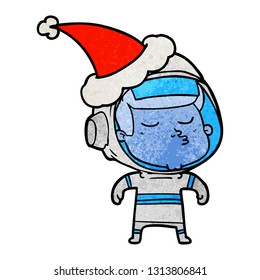 hand drawn textured cartoon of a confident astronaut wearing santa hat