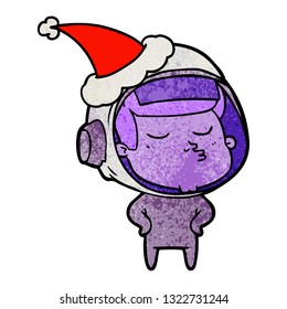 hand drawn textured cartoon of a confident astronaut wearing santa hat