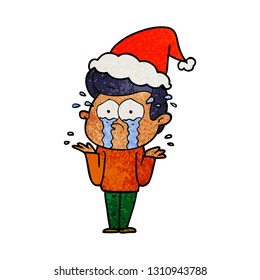hand drawn textured cartoon of a crying man wearing santa hat