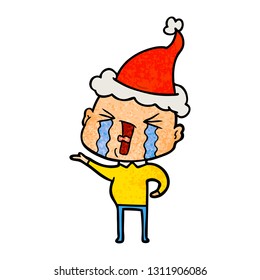 hand drawn textured cartoon of a crying bald man wearing santa hat