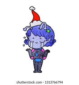 hand drawn textured cartoon of a crying alien girl wearing santa hat