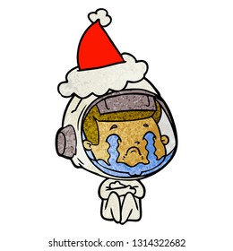 hand drawn textured cartoon of a crying astronaut wearing santa hat