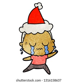 hand drawn textured cartoon of a crying old lady wearing santa hat