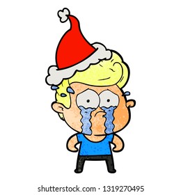 hand drawn textured cartoon of a crying man wearing santa hat