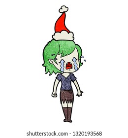 handgezeichneter, strukturierter Cartoon eines weinenden Vampirmädchens mit Weihnachtsmütze