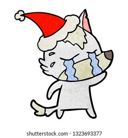 hand drawn textured cartoon of a crying wolf wearing santa hat