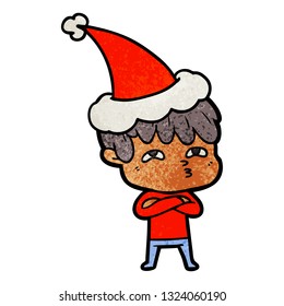 hand drawn textured cartoon of a curious man wearing santa hat