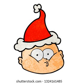 hand drawn textured cartoon of a curious bald man wearing santa hat