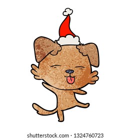 hand drawn textured cartoon of a dancing dog wearing santa hat