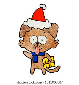 hand drawn textured cartoon of a dog with christmas present wearing santa hat