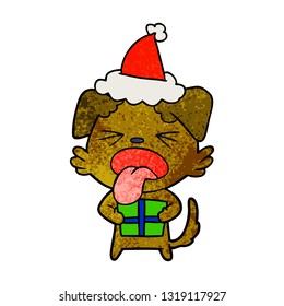 hand drawn textured cartoon of a dog with christmas present wearing santa hat