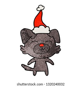 hand drawn textured cartoon of a dog wearing santa hat