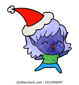 hand drawn textured cartoon of a elf girl wearing santa hat