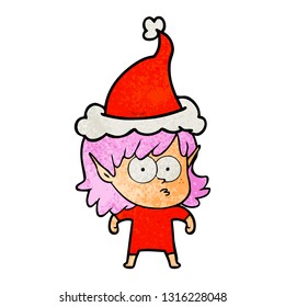 hand drawn textured cartoon of a elf girl staring wearing santa hat