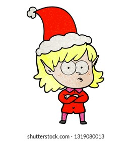 hand drawn textured cartoon of a elf girl staring wearing santa hat