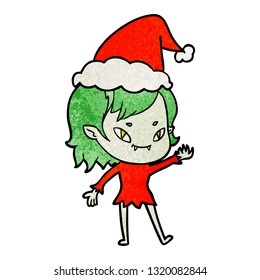 hand drawn textured cartoon of a friendly vampire girl wearing santa hat