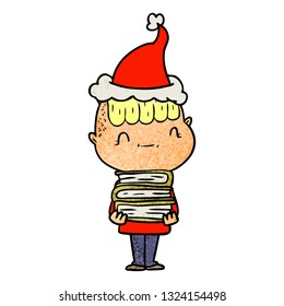 hand drawn textured cartoon of a friendly boy with books wearing santa hat