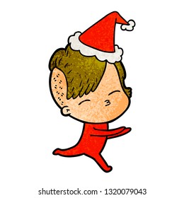hand drawn textured cartoon of a girl in onesie wearing santa hat