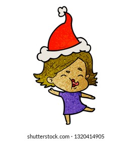 hand drawn textured cartoon of a girl pulling face wearing santa hat