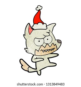 hand drawn textured cartoon of a grinning fox wearing santa hat