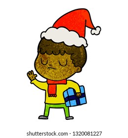 hand drawn textured cartoon of a grumpy boy wearing santa hat