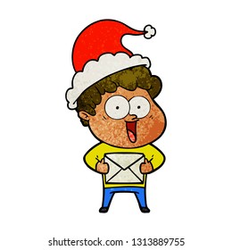 hand drawn textured cartoon of a happy man wearing santa hat