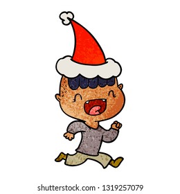 hand drawn textured cartoon of a happy boy laughing and running away wearing santa hat