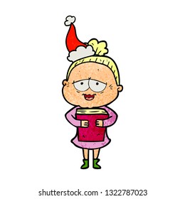 hand drawn textured cartoon of a happy old lady wearing santa hat