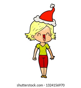 hand drawn textured cartoon of a happy woman wearing santa hat