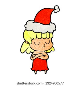 hand drawn textured cartoon of a indifferent woman wearing santa hat