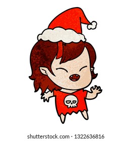 hand drawn textured cartoon of a laughing vampire girl wearing santa hat