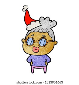 hand drawn textured cartoon of a librarian woman wearing spectacles wearing santa hat